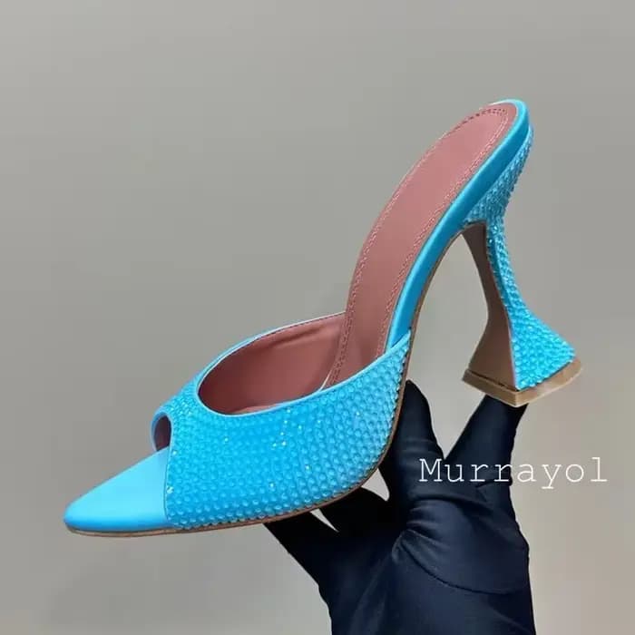 Nouveau strass décor couleur unie talons hauts pantoufles femmes bout pointu bout ouvert talons fins