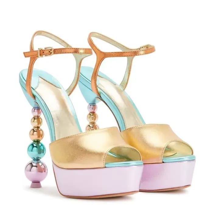 Sandales à plateforme en cuir pastel doux, bloc de couleurs, talon aiguille perlé, bride à la chevil