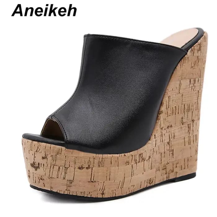 Aneikeh noir plate-forme sandales à talons compensés pantoufles 2025 été mode Peep orteil Super haut