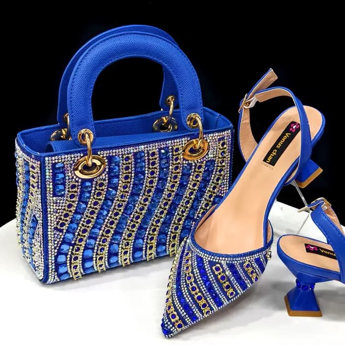 Ensemble de chaussures et de sacs italiens pour femmes, nouveau Design spécial, couleur bleue, talon