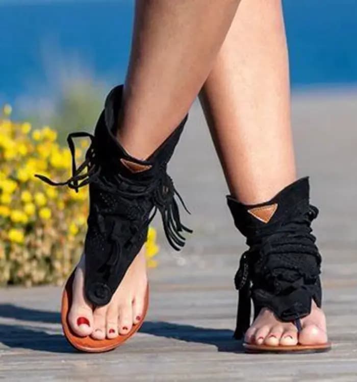 Rétro gland sandales pour femme été Boho chaussures plates dames à lacets chaussures de plage Sandal
