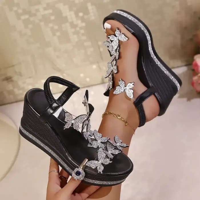 Sandales à talons hauts pour femmes, plateforme, sandales papillon à la mode, décoration strass, cha