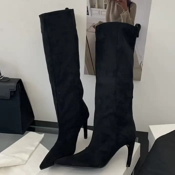 Eilyken hiver Style De rue bout pointu genou-haut femmes bottes talons fins chaussures femme Punk Vi