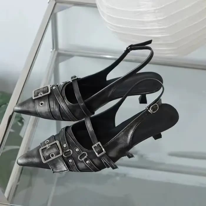 2025Vintage sandales à talons aiguilles automne nouveau bout pointu rivet peu profond boucle en méta