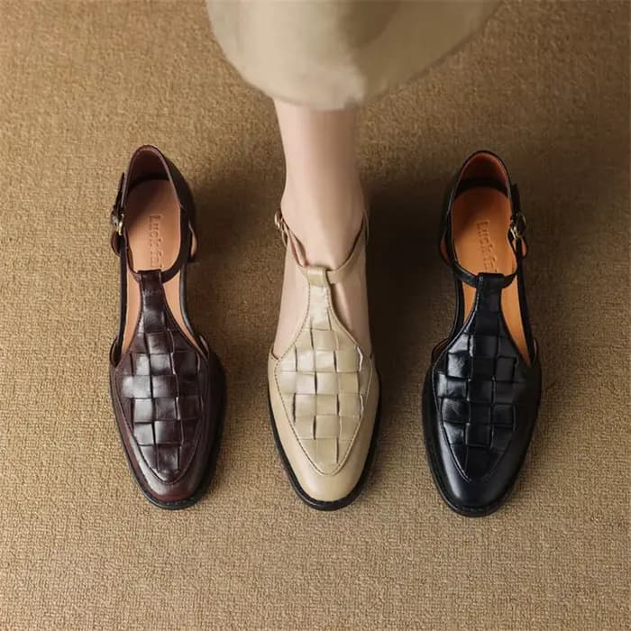 Sandales d'été en cuir véritable pour femmes, chaussures rondes Parker, couverture de talon épais, c