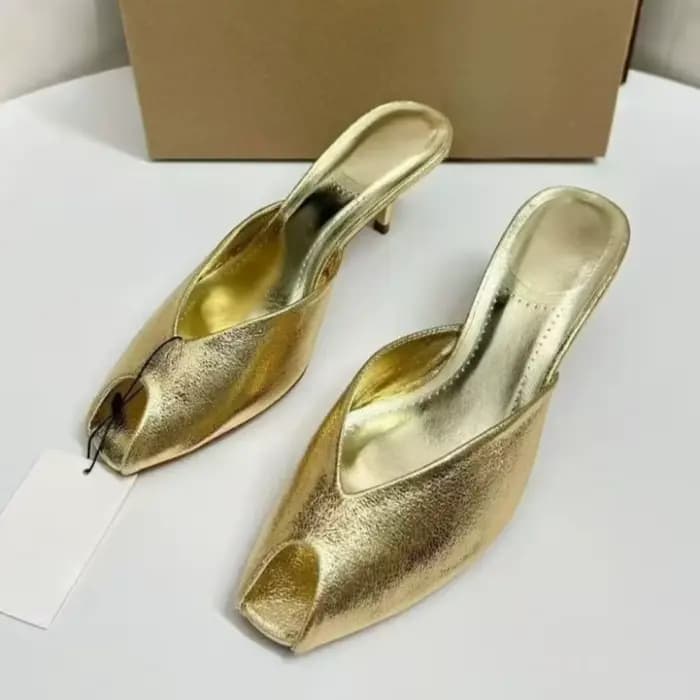 Mules dorées brillantes pour femmes, chaussures à enfiler, à bout ouvert, talons mi-hauts, sandales 