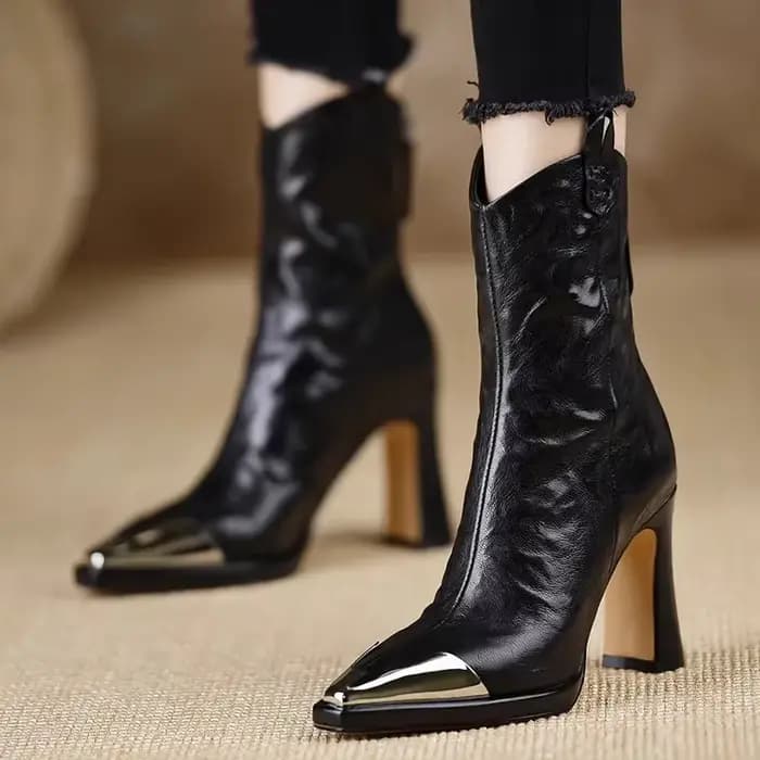 Bottines à bout carré en métal pour femmes, chaussures en cuir verni à la mode, à talons hauts, nouv