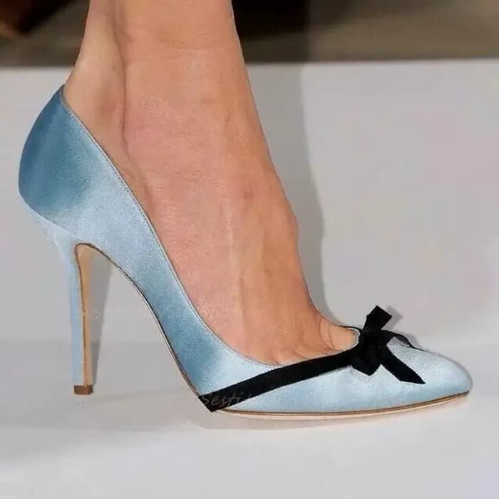 Escarpins en Satin bleu à bout pointu avec nœud noir, talons aiguilles, mode d'été pour femmes, sand