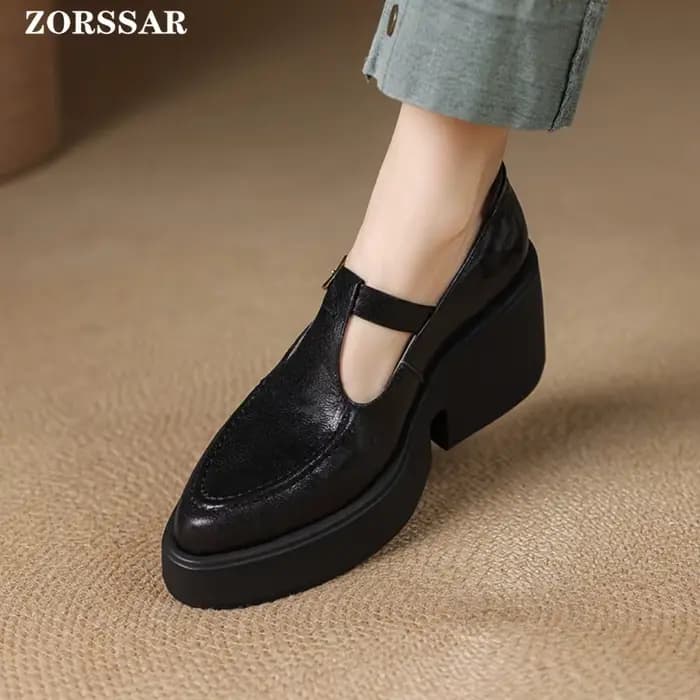 Escarpins à talons hauts et plateforme épaisse pour femmes, chaussures en cuir véritable à bout poin
