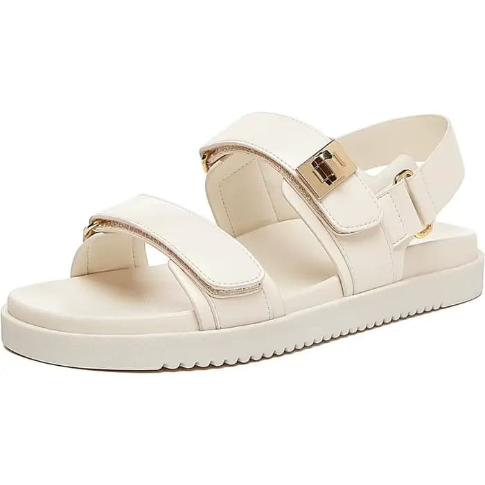 Sandales Plates Confortables et Réglables à Double Sangle pour Femme, Chaussures en Cuir à Enfiler