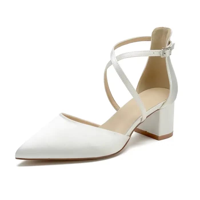 Chaussures de mariée à talon bloc bas pour femme, en satin, à bout fermé, à brides croisées, pour so