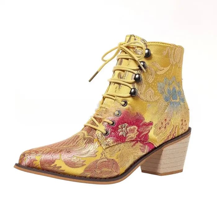 Bottines à bout pointu pour femmes, chaussures à lacets, talon carré de 6cm, bottes courtes brodées,