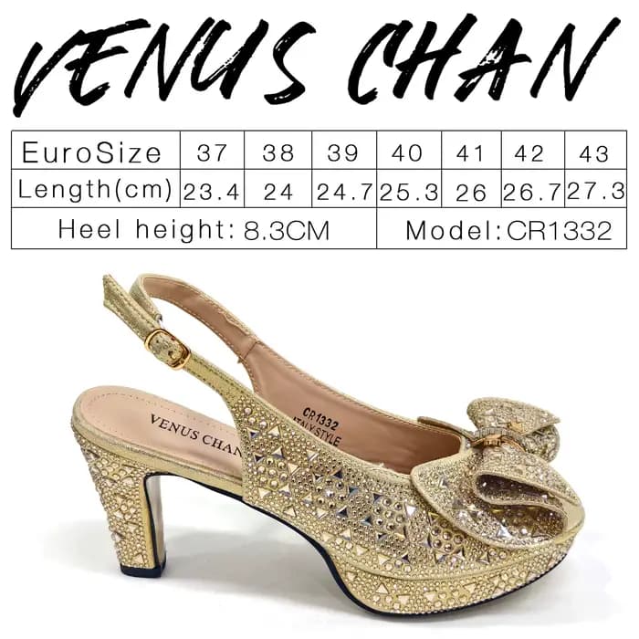 Venus Chan 2026 – Escarpins italiens dorés pour femme avec détails en strass et sac assorti – Design