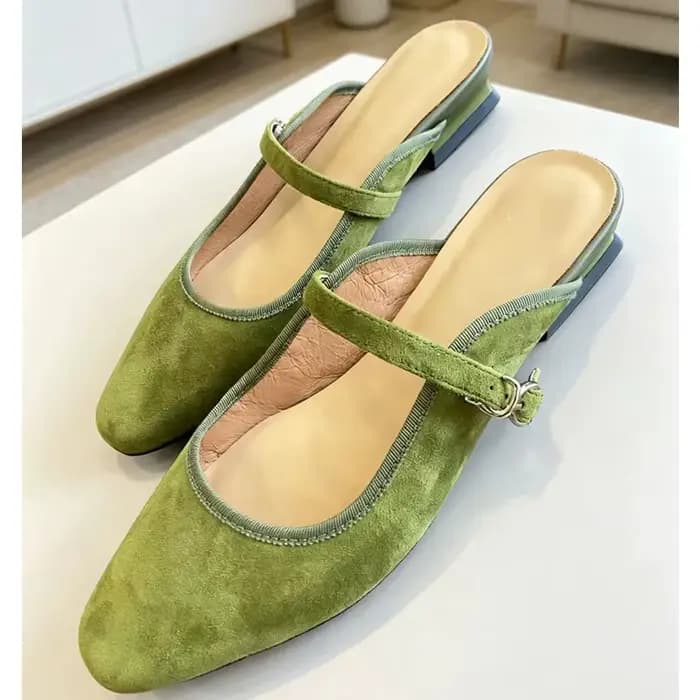 Mules d'été en daim de mouton pour femmes, chaussures en cuir, pantoufles carrées à talons bas, couv