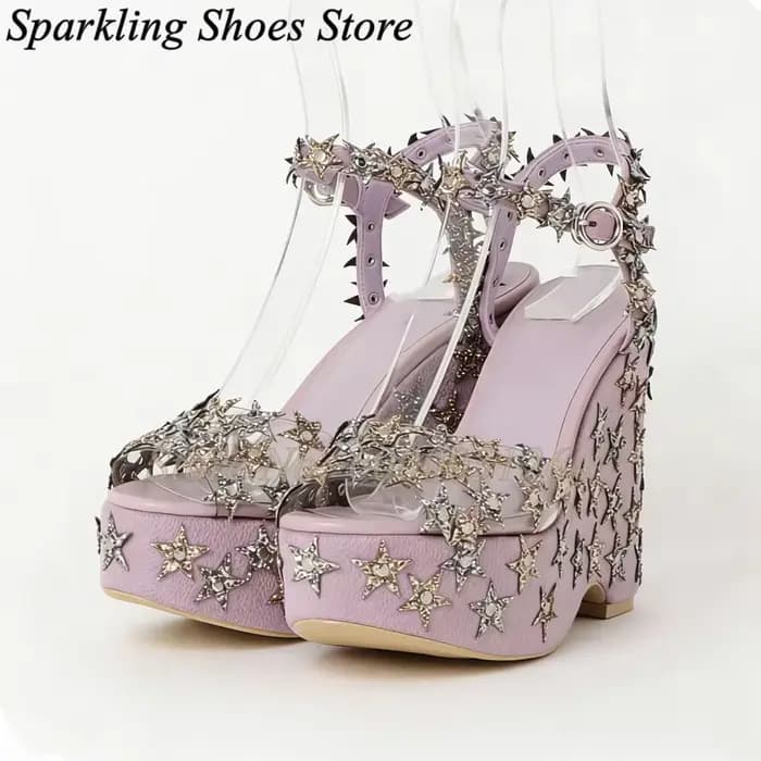 Sandales à talons épais avec étoiles roses scintillantes, Sweetbaby, à bout ouvert, avec bride à bou