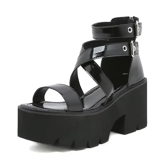 Gdgydh-Sandales à lanières de rinçage pour femmes, talons épais à plateforme, cuir verni, optique, c