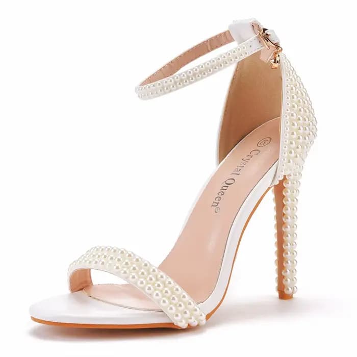 Chaussures de mariée pour femme, sandales à talons aiguilles, bout ouvert, avec perles et bride fine