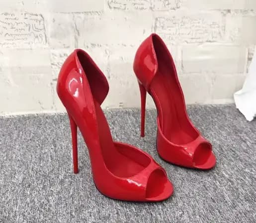 Chaussures sexy en cuir verni noir et doublure rouge de 12cm, talons super hauts à bouche peu profon