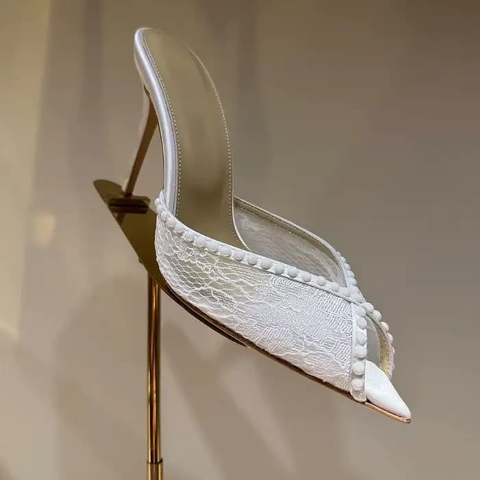 Mules à talons pour femme, romantiques, en dentelle florale et résille, avec garniture de perles, bo