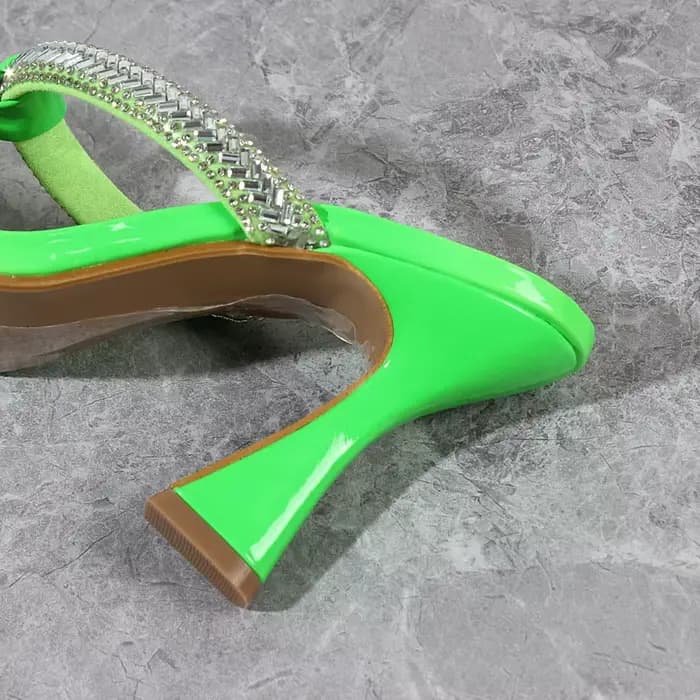Tongs à bout carré en cristal pour femmes, talons aiguilles, vert, mode de rue, extérieur, chaussure