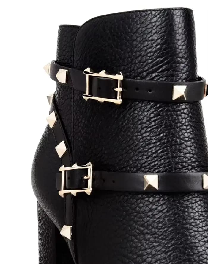 Bottines à rivets en cuir véritable pour femme, bottes courtes à talons épais et bout rond avec bouc