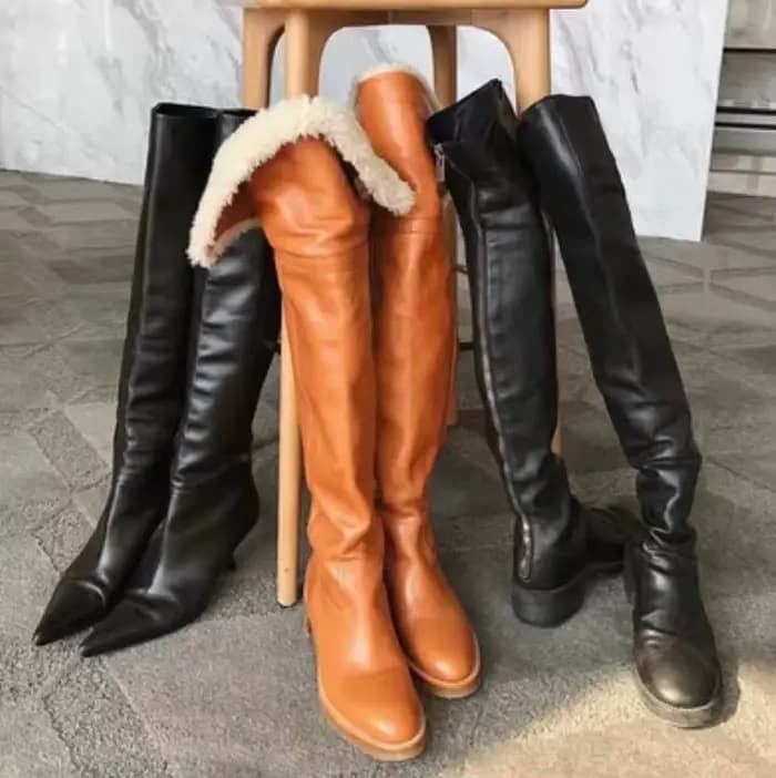 Hiver laine fourrure pliable haut sur le genou bottes femme chameau noir huile cire cuir fourrure bo