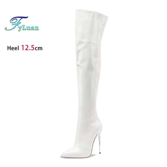 Cuissardes à talons aiguilles holographiques pour femmes, chaussures de danse en cuir brillant, bott