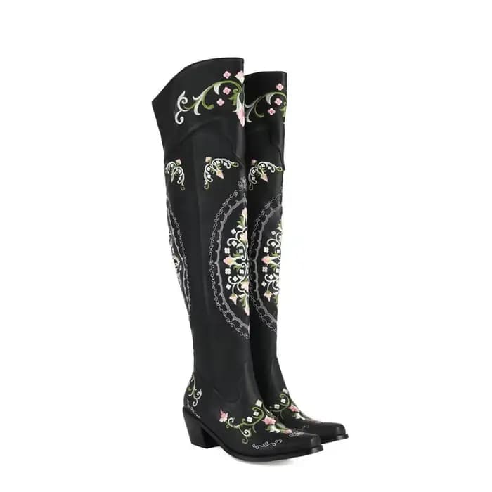 Mode Vintage lac bleu cuir fleurs broderie cuissardes mi talons épais fermeture éclair côté Floral T