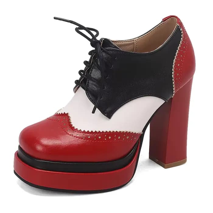 Escarpins Brogue à lacets et bout carré pour femmes, chaussures Oxford à talons hauts épais, couleur