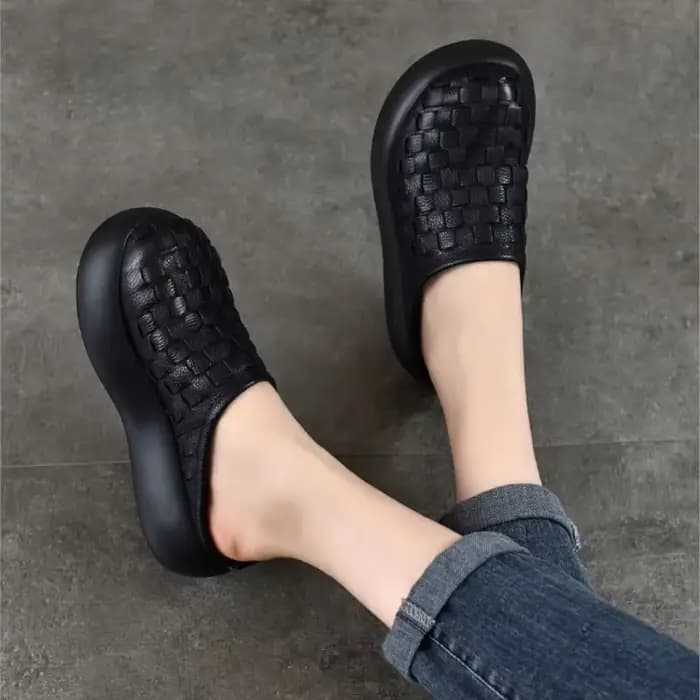 Careaymade – pantoufles à plateforme en cuir véritable rétro tissé à bout rond pour femmes, chaussur