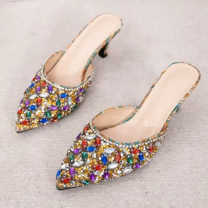 Pantoufles de luxe à talons chaton et strass pour femmes, diapositives pointues, mules de styliste, 