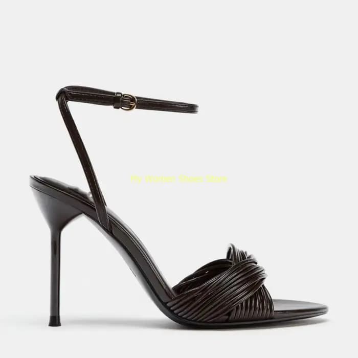 Sandales à talons aiguilles torsadées à brides, bout ouvert, bride de cheville à boucle, bout rond, 