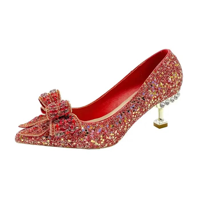 Chaussures de mariage à talons hauts pour femmes, tête pointue, bouche peu profonde, nœud en cristal
