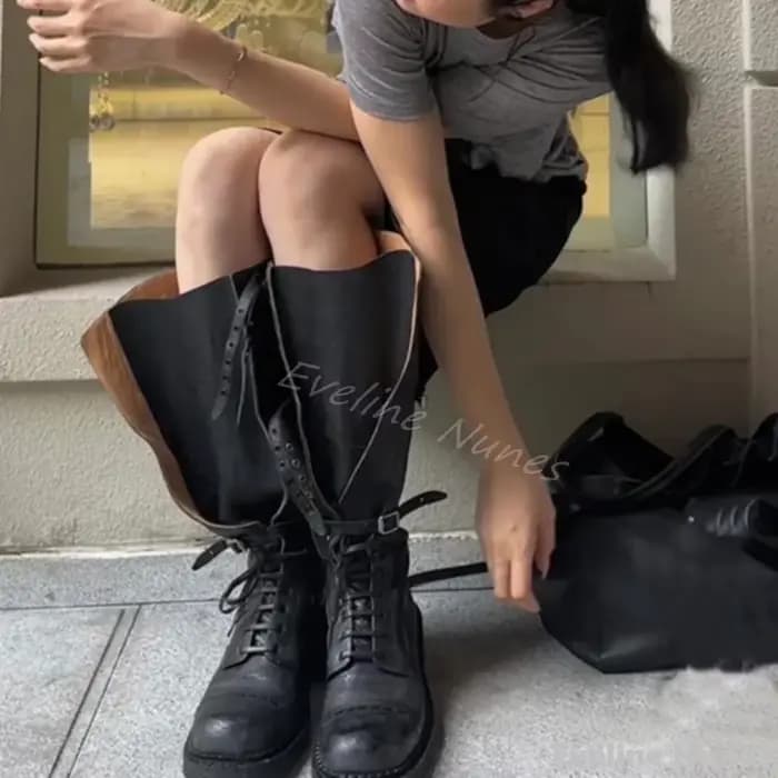 Bottes hautes en cuir conviviale ré pour femmes, bottes de chevalier, plate-forme ronde, sangle croi