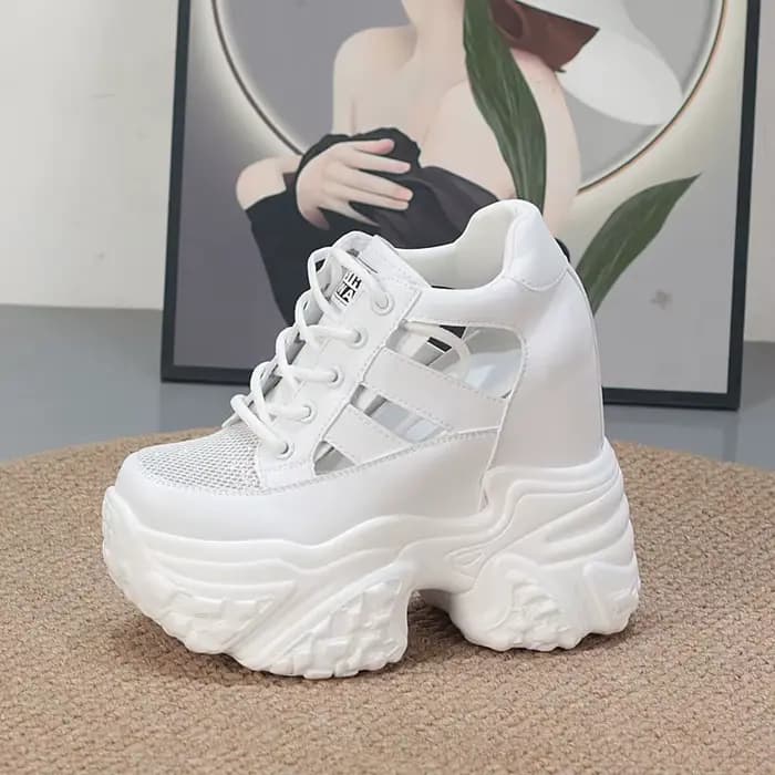 Baskets compensées pour femmes de 12 cm, respirantes, ajourées, blanches, à semelle épaisse, rehauss