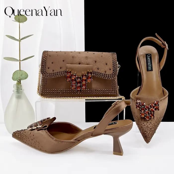 Ensemble chaussures et sac pour femme QueenaYan2026, nouveau modèle élégant, couleur café, bout poin