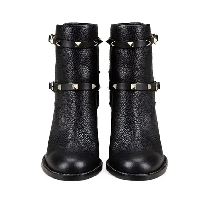 Bottines à rivets en cuir véritable pour femme, bottes courtes à talons épais et bout rond avec bouc