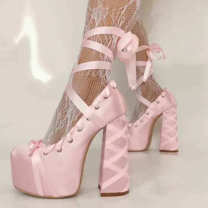 Sandales à plateforme roses à lacets croisés pour filles, talons hauts pour femmes, bout rond, en sa