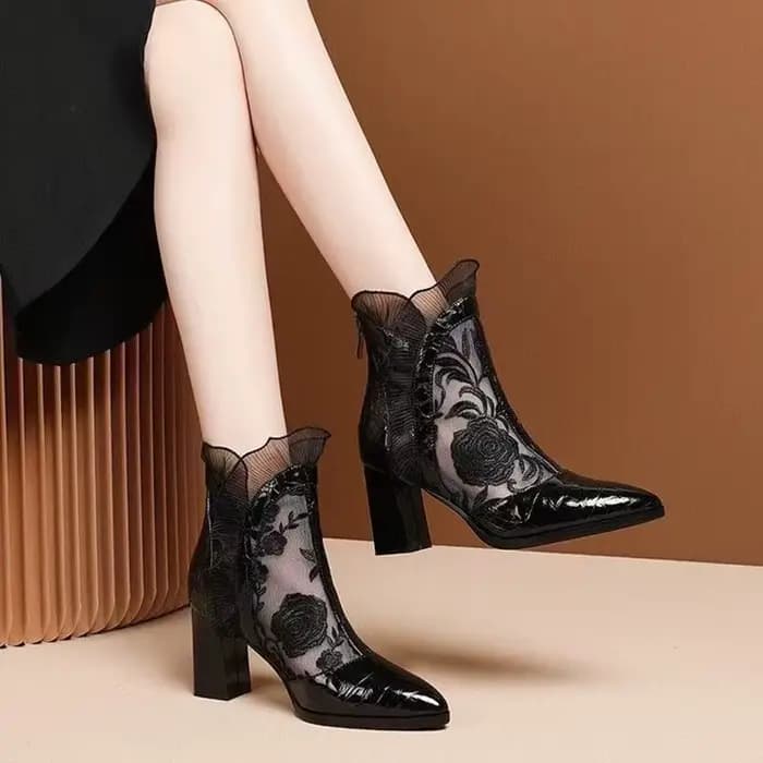 Chaussures d'été à talons hauts en dentelle et maille pour femmes, sandales en cuir verni avec brode