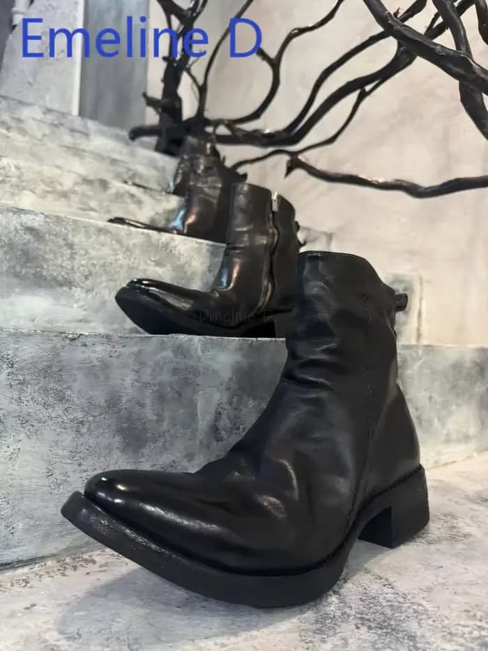 Bottes courtes plissées verticales avec fermeture éclair latérale, en cuir noir, Style minimaliste, 