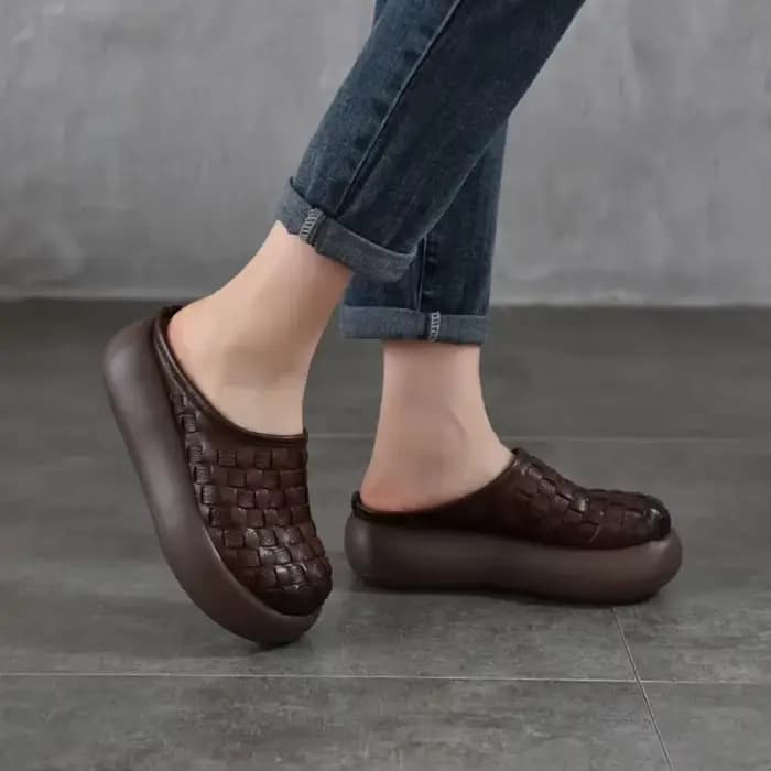 Careaymade – pantoufles à plateforme en cuir véritable rétro tissé à bout rond pour femmes, chaussur