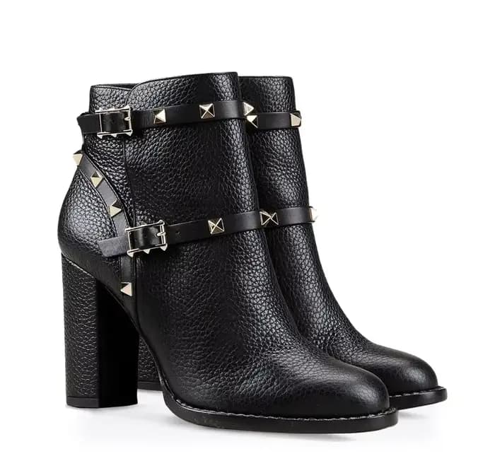 Bottines à rivets en cuir véritable pour femme, bottes courtes à talons épais et bout rond avec bouc