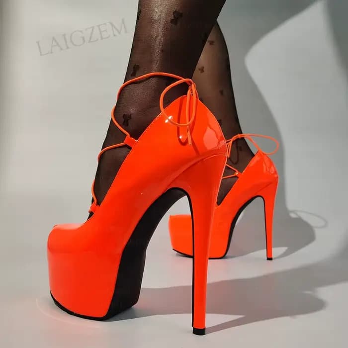 LAIGZEM – escarpins à bout rond pour femmes, sandales brillantes à talons hauts et fins, à lacets, c