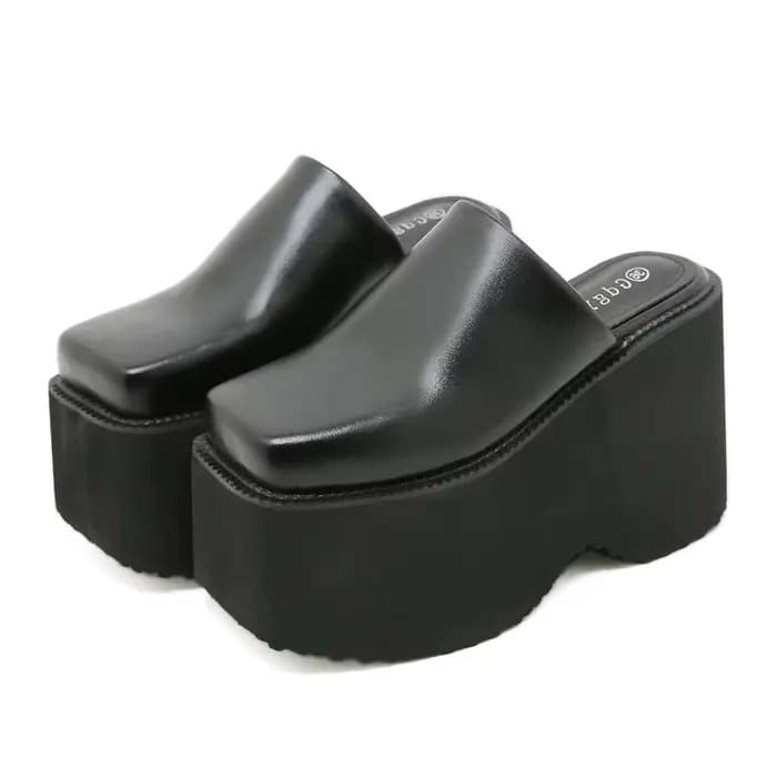Gdgydh Mules à plateforme à bout carré pour femmes, mocassins noirs à enfiler, talons épais, chaussu