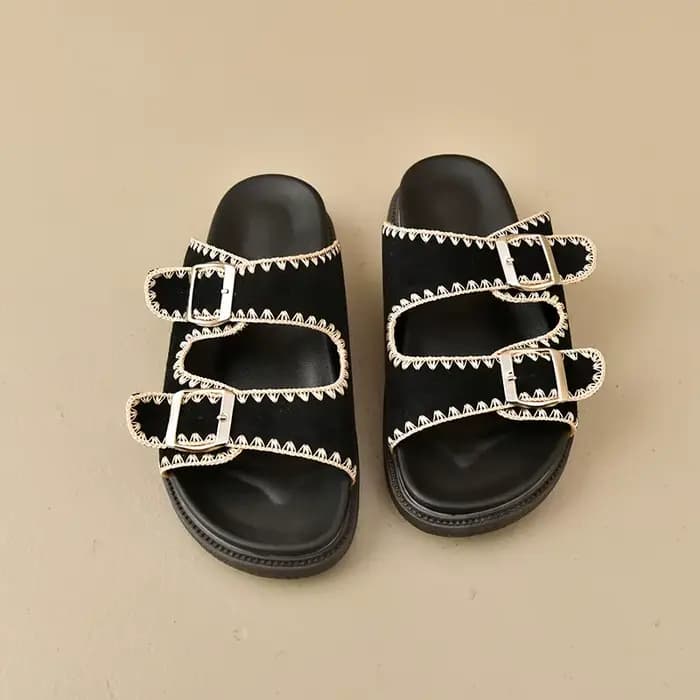 Sandales plates en daim pour femmes, mode estivale, confortables, à double boucle, antidérapantes, s