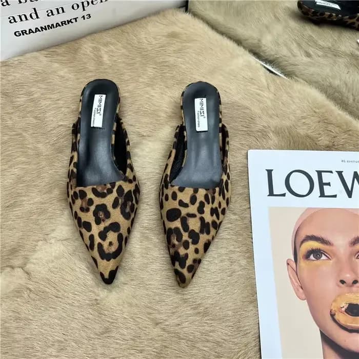 Mules pointues à imprimé léopard pour femmes, chaussures décontractées pour femmes, talons bas, tobo