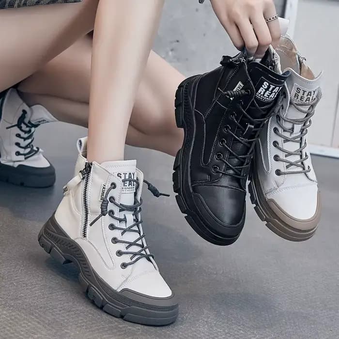 Chaussures de printemps et d'automne en cuir véritable pour femmes, bottines à semelle épaisse, bott