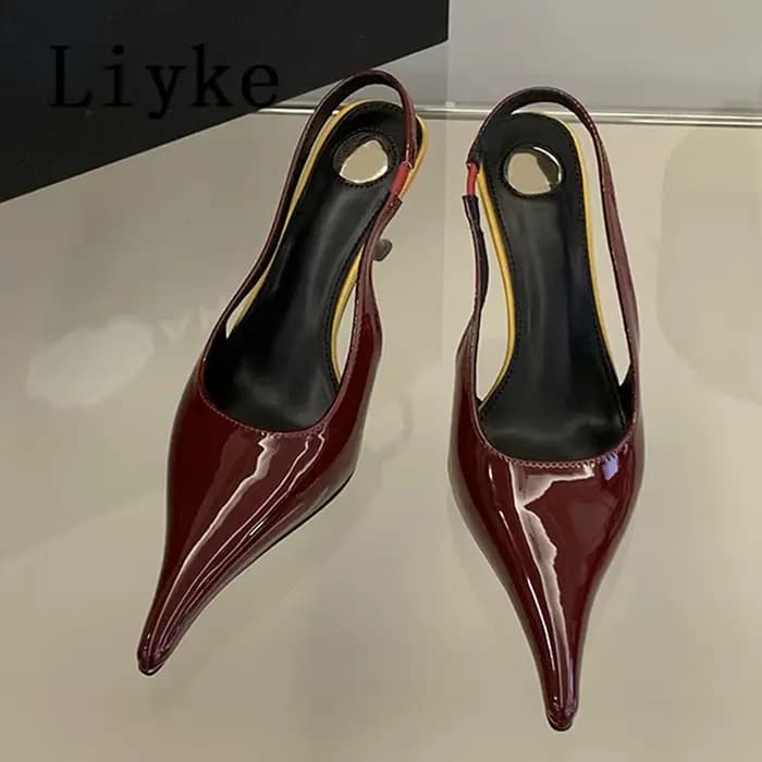 Escarpins Liyke en cuir verni rouge bordeaux pour femme, talon aiguille original, bout pointu, sexy,