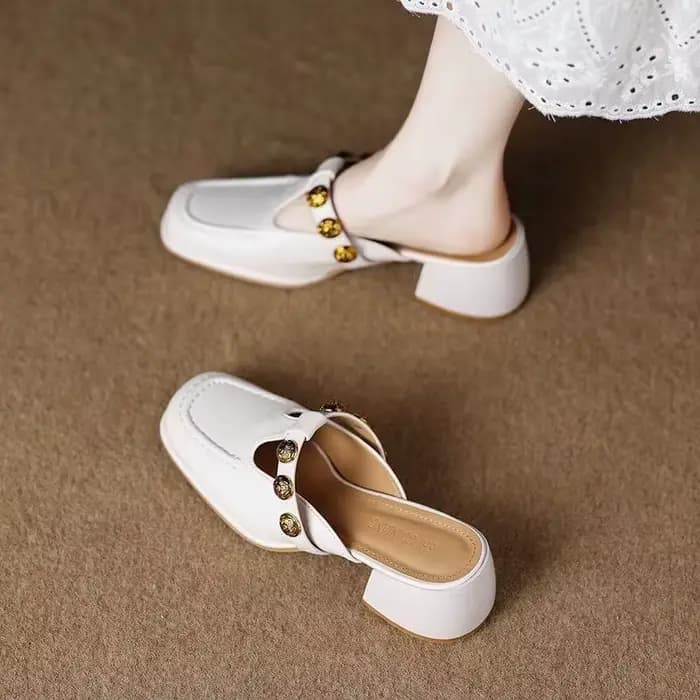 Mules à bride en T pour femmes, à bout carré et talon bas épais, style mocassin, à enfiler, conforta