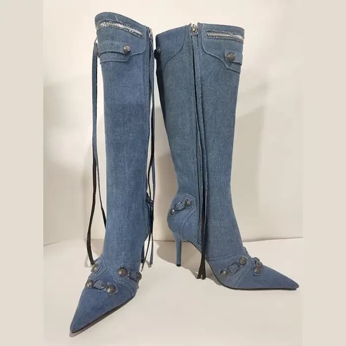 Bottes Hautes à Talons Fins et Pointus pour Femme, Chaussures en Denim, Design de Marque, à la Mode,